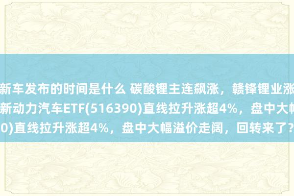   新车发布的时间是什么 碳酸锂主连飙涨，赣锋锂业涨停、宁德期间涨3%，新动力汽车ETF(516390)直线拉升涨超4%，盘中大幅溢价走阔，回转来了？